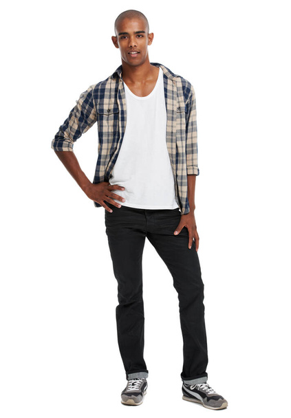 Weekend wardrobe. a young man posing against a white background - Фото, зображення