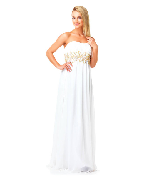 White dress on elegant, fashion and beauty woman ready for prom, wedding or formal event against a white studio isolated background. Bride or bridesmaid feeling confident in a luxury designer gown. - Valokuva, kuva