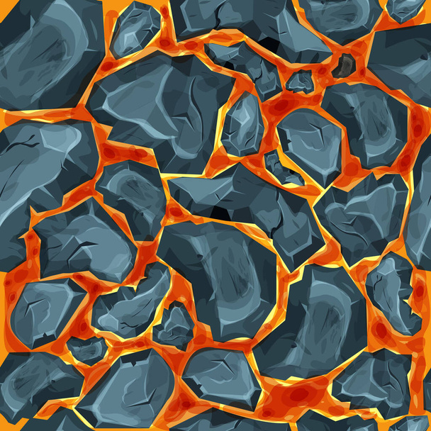 Lava, magma with stones in cartoon style seamless pattern background. Eruption effect, landscape. Texture, design. Vector illustration - Vector, Image