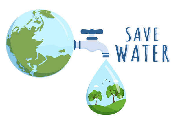 Water Saving Templates Hand Drawn Flat Cartoon Illustration for Mineral Savings Campaign with Faucet and Earth Concept - Vektor, kép