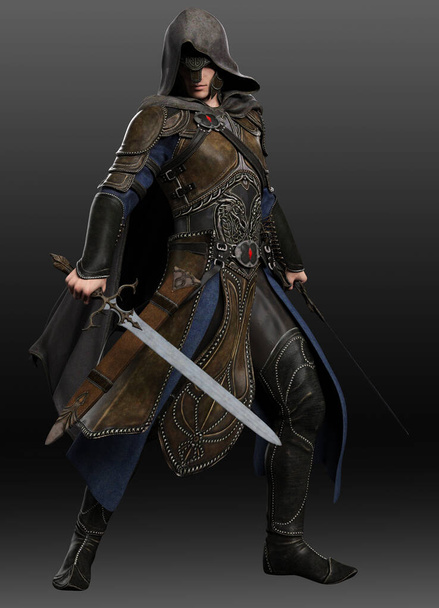 Homem medieval de fantasia em armadura de couro, capa com capuz, com espadas - Foto, Imagem