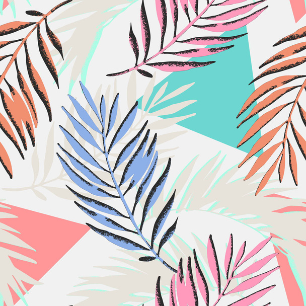 Colorful grunge textured palm leaves, triangles seamless pattern. Abstract tropical leaf on geometric background. Vector summer tropics illustration for prints design, cover, home deco wallpaper - Vektor, Bild
