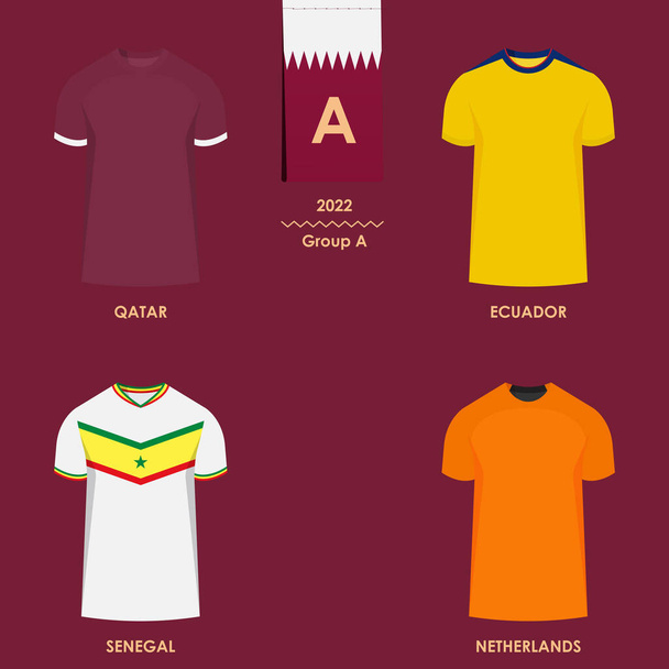 Πρόγραμμα αγώνων ομάδα Α: Βραζιλία, Εκουαδόρ, Σενεγάλη, Ολλανδία. 2022 τελικό πίνακα αποτελεσμάτων κλήρωση, φανέλα των χωρών που συμμετέχουν στο παγκόσμιο διεθνές τουρνουά ποδοσφαίρου στο Κατάρ, διανυσματική απεικόνιση - Διάνυσμα, εικόνα