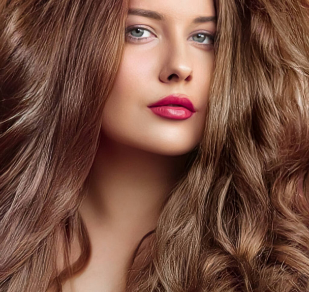 Hairstyle, beauty and hair care, beautiful woman with long natural brown hair, glamour portrait for hair salon and haircare brand - Фото, зображення