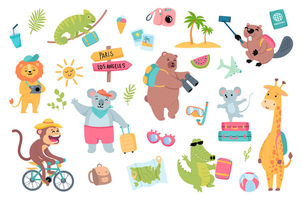 Traveling animals set with cute cartoon elements in flat design. Bundle of funny animals with backpack or luggage, photo camera, island palms, passport and other isolated stickers. Vector illustration - Vector, Image