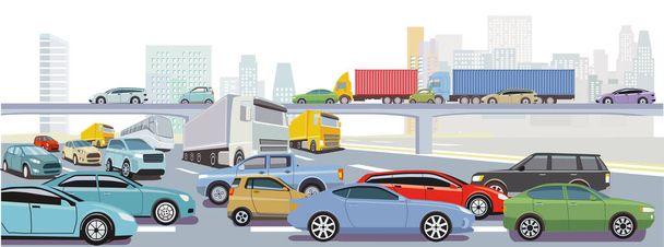 Tráfico por carretera con automóviles y camiones en congestión de tráfico ilustración - Vector, imagen