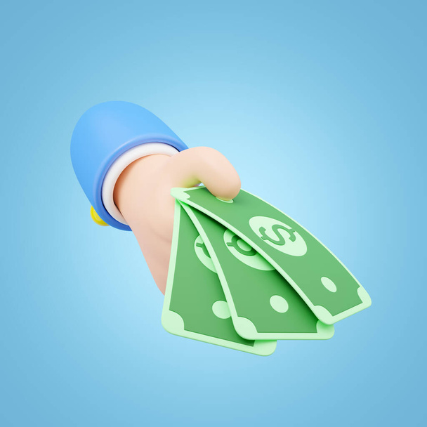 Payment icon for shopping online. 3D Hand holding banknote. Cartoon businessman wearing suit holds money floating isolated on blue background. Withdraw money, Easy shopping concept. 3d minimal render. - Фото, изображение