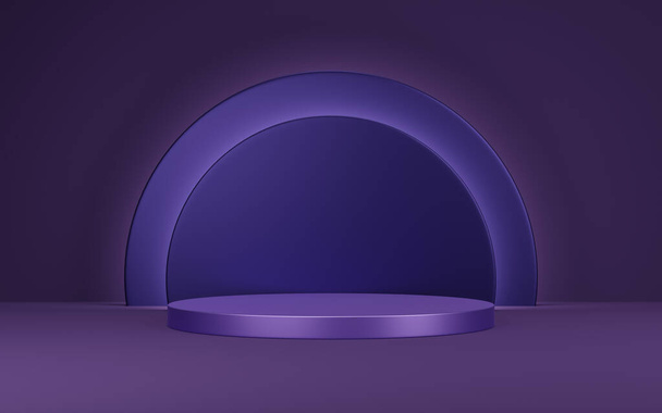 3d Leeres Podium aus violettem Marmor auf dunkelviolettem Bogenkreis-Hintergrund. Abstraktes minimales Studio-3D-geometrisches Formobjekt. Mockup-Raum für die Darstellung von Produktdesign. 3D-Darstellung. - Foto, Bild