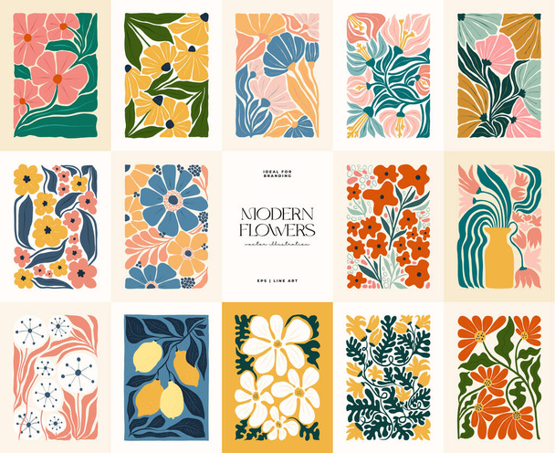 Elementos abstratos florais. Composição botânica. Moderna moda Matisse estilo mínimo. Cartaz floral, convite. Disposições vetoriais para cartões de felicitações ou desenhos de convites - Vetor, Imagem