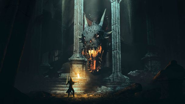 Дракон в старом замке, разрушенном в тени, преследуемый храбрым бесстрашным рыцарем, держащим пламя и меч - концепт-арт - 3D рендеринг - Фото, изображение
