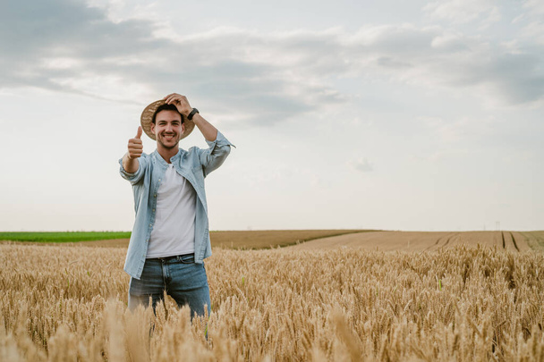Happy farmer showing thumb up while  standing in his growing wheat field. - Фото, изображение