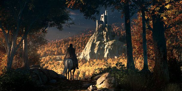 Ritter reitet auf einem Pferd auf einem Pfad durch Herbstbäume und eine alte Burg auf einer Felsklippe in der Nähe eines gelben Waldes in einem sonnigen Sonnenuntergang Vordergrund außer Fokus - Konzeptkunst - 3D-Rendering - Foto, Bild