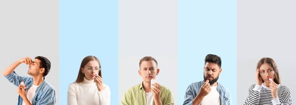 Différentes personnes ayant saigné du nez sur fond de couleur - Photo, image
