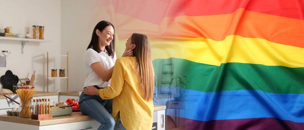 Collage avec jeune couple lesbien en cuisine et drapeau LGBT - Photo, image