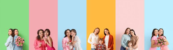 Коллаж счастливых лесбийских пар на цветном фоне - Фото, изображение