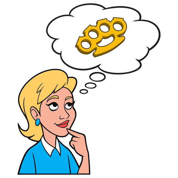Girl thinking about Brass Knuckles - A cartoon illustration of a Girl thinking about using Brass Knuckles in a fight. - Vector, Image