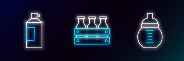 Set line Baby milk in a bottle Whipped cream and Bottled wooden box icon. Glowing neon. Vector. - Vector, Image