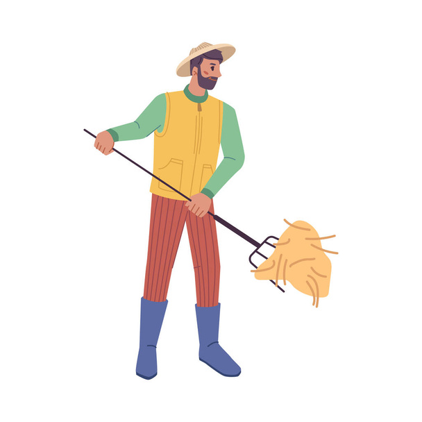 Farmer working on field, isolated man with hayfork farming. Agriculture and harvesting season, tending crops. Flat cartoon character, vector in flat style - Vector, Imagen