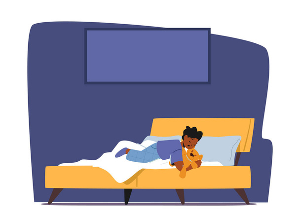 Pieni musta poikavauva yllään pyjama lelu käsissä nukkuu sängyn puolella näkymä. Kid Character makaa rento Pose on mukava makuupaikka kotona Makuuhuone. Sarjakuva ihmiset vektori kuvitus - Vektori, kuva