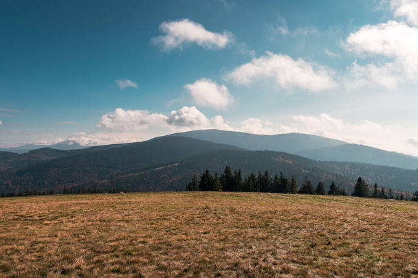 A view of the peaks of the Beskid Zywiecki mountain range. A meadow in the foreground. Rysianka, Poland - Photo, image
