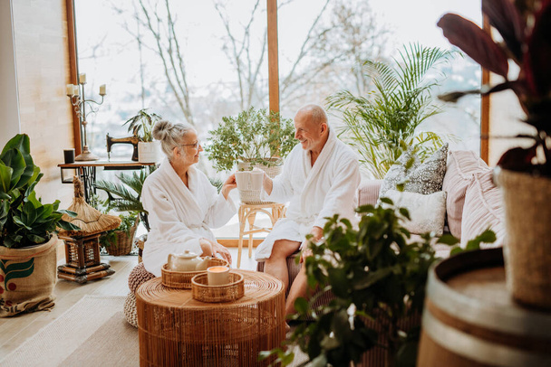 Senior couple in bathrobes enjoying time together in their living room, drinking a hot tea, calm and hygge atmosphere. - 写真・画像