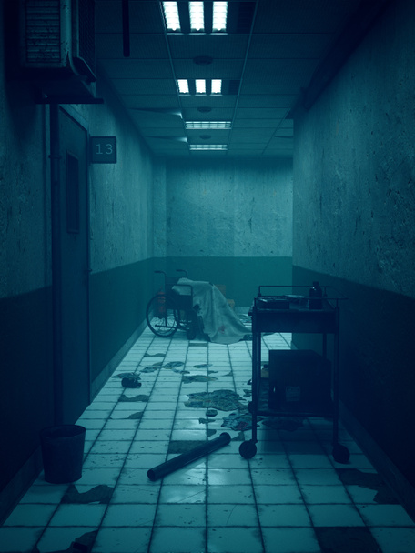 Przerażający opuszczony szpital lub korytarz azylowy ze sprzętem rozrzuconym po podłodze. Renderowanie 3D. - Zdjęcie, obraz
