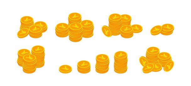 Векторные изометрические золотые монеты с набором знаков йены. 3d куча золотых денег денежные символы коллекции изолированы на белом. Банковская валюта Японии, бизнес, финансовая концепция для интернета, приложения, инфографика - Вектор,изображение