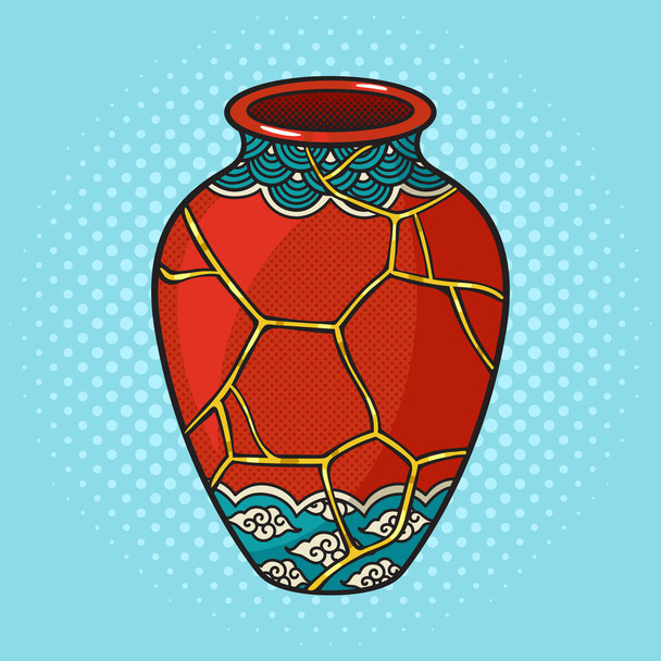 Repaired Japan vase kintsugi art color pinup pop art retro raster illustration. Comic book style imitation. - Фото, зображення