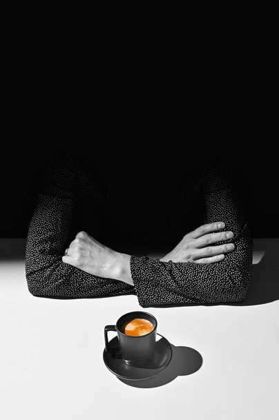 Abstract Black and White Hidden Woman with Cup of Espresso Coffee  - Фото, изображение