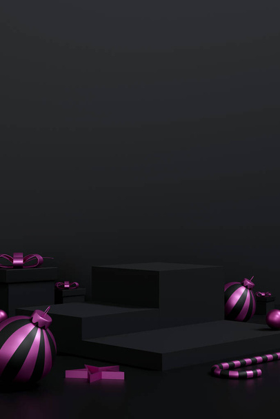 Feliz Navidad y feliz año nuevo diseño de banner, exhibición de productos de sala de estudio de Navidad con espacio de copia. tono de color rosa negro. Ilustración 3D - Foto, Imagen