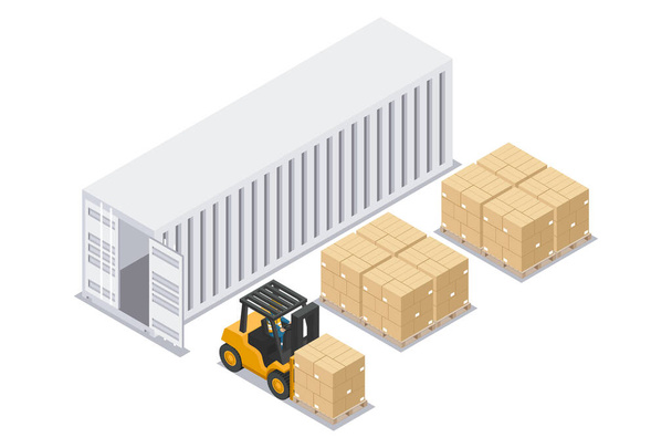 Isometric forklift unloading stacked boxes on pallet from container  at unloading dock. Safety in handling a fork lift truck. Industrial logistics of storage and distribution of products - Vector, Image