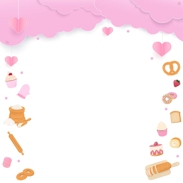 Bakery background, design with bakery products, paper heart, pink cloud, and copy space.  - Vecteur, image