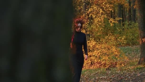 Santa Muerte makyajlı, siyah bir ölüm elbisesi giymiş genç bir kadın günbatımında ormanda sonbahar yapraklarının arka planına doğru yürüyor. Ölüler Günü veya Cadılar Bayramı konsepti - Video, Çekim