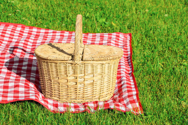 Корзина для пикника с клетчатой скатертью на зеленой траве - Фото, изображение