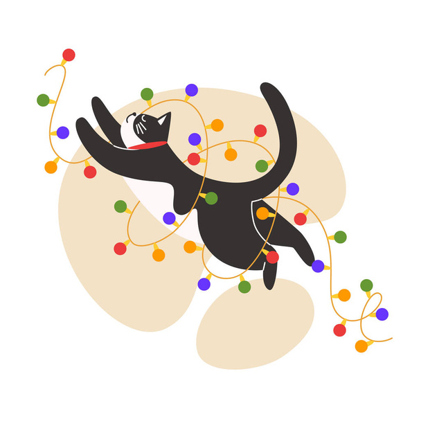 Cat plays wits a Christmas garland - Vector, Image