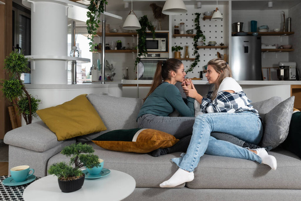 Happy married homosexual female gay couple laughing and embracing on the sofa with smile on their faces. Lesbian couple at home enjoying life together in their new apartment. - Fotoğraf, Görsel