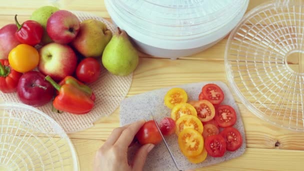 女性は果物脱水機でさらに乾燥させるためにボード上の熟したトマトをスライスします。女の子の手はキッチンで木製のテーブルでナイフで赤いトマトをカット,ピーマン,リンゴと梨が背景に横たわっています - 映像、動画