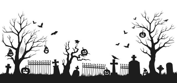 Halloween hautausmaan siluetti. Hautausmaan hautoja ja puita, hautausmaan aita ja ristit, Jack o lyhdyt kurpitsa veistämällä pelottavia kasvoja, lentävät lepakot ja varikset tausta, panoraama siluetti - Vektori, kuva