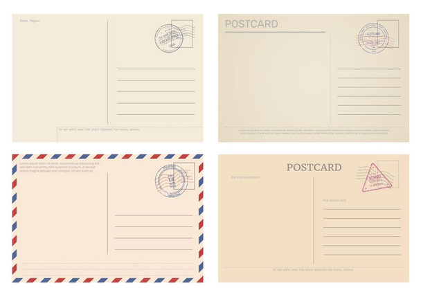 Vintage postcard and air mail envelope. Post card template. Antique message or holiday greeting card, travel paper postcard vector empty letter envelope with retro postmark and stamps - Vector, Image