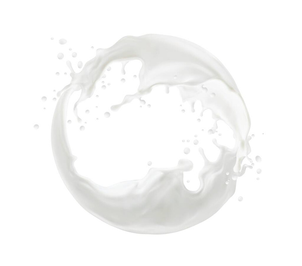 Circle milk, yogurt or cream wave splash with drops, dairy milky drink vector background. Isolated realistic milk or yogurt cream round wave or swirl flow with milky round ripple of pouring milkshake - Διάνυσμα, εικόνα