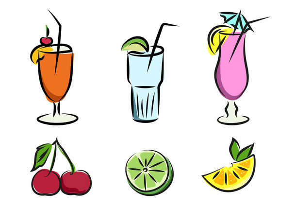 Dibuja la imagen de un conjunto de cócteles, mojito, pina colada, daiquiri, mery sangriento, con y sin alcohol, así como bayas y frutas, cerezas, limas, limones. Ilustración vectorial - Vector, imagen