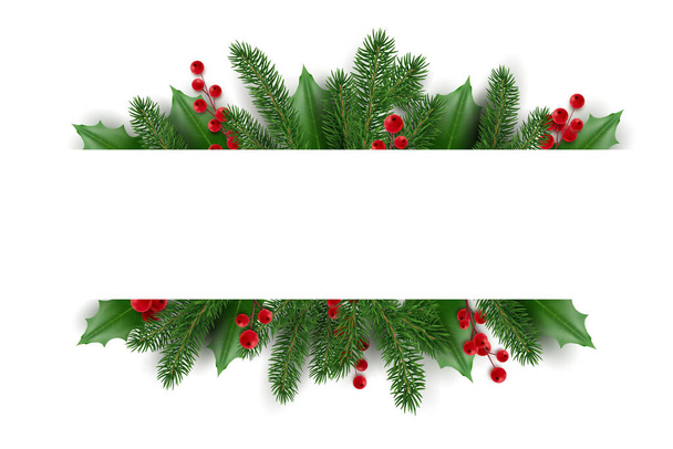 クリスマスツリーの枝とバナー。ホリーベリーのクリスマスガーランド。現実的な外観クリスマスツリーの枝はベリーや葉で飾られて - ベクター画像