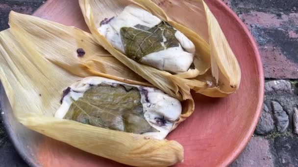 Oaxacan Tamales με Hoja Santa και γεμάτη με φασόλια σε πήλινο πιάτο στην Oaxaca, Μεξικό - Πλάνα, βίντεο
