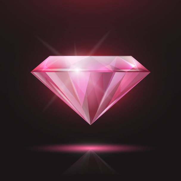 Vector 3d Realistic Pink Transparent Triangle Glowing Gemstone, Diamond, Crystal, Rhinestone Closeup on Black Background. Jewerly Concept. Design Template, Banner. - Vektör, Görsel