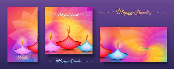 Set colorful card, Happy Diwali Festival of Lights India Celebration. Graphic banner design of Indian Lotus Diya Oil Lamps, Modern Design in vibrant colors. Vector art style, gradient color background - Вектор,изображение
