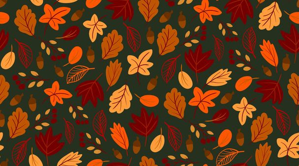 Seamless pattern with autumn leaves hand drawn in simple flat style on dark green background. Cute foliage vector illustration. Fall sesonal dark backdrop design, Thanksgiving, autumn sale - Vektor, kép