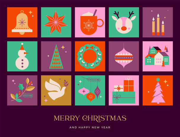 Raccolta di addobbi natalizi, regali natalizi, elementi invernali, candele, albero di Natale, colomba, villaggio e cioccolata calda. Illustrazione vettoriale colorata in stile fumetto geometrico piatto. Minimalista - Vettoriali, immagini