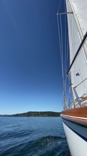 Beelden van een zeilboot varen samen met zeilen omhoog en gekanteld door de wind, British Columbia - Video