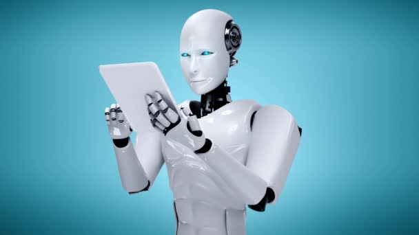 Робот-гуманоид использует планшетный компьютер для анализа больших данных с использованием ИИ-мозга, искусственного интеллекта и машинного обучения для 4-й промышленной революции. 3D рендеринг. - Кадры, видео