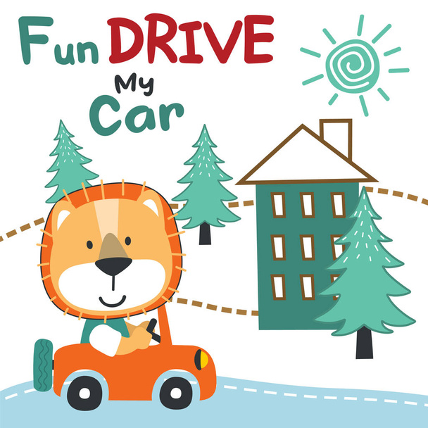 Vector illustration of funy animal driving the blue car. Funny background cartoon style for kids. Little adventure with animals on the road for nursery design, cartoon tshirt art design. - Vecteur, image
